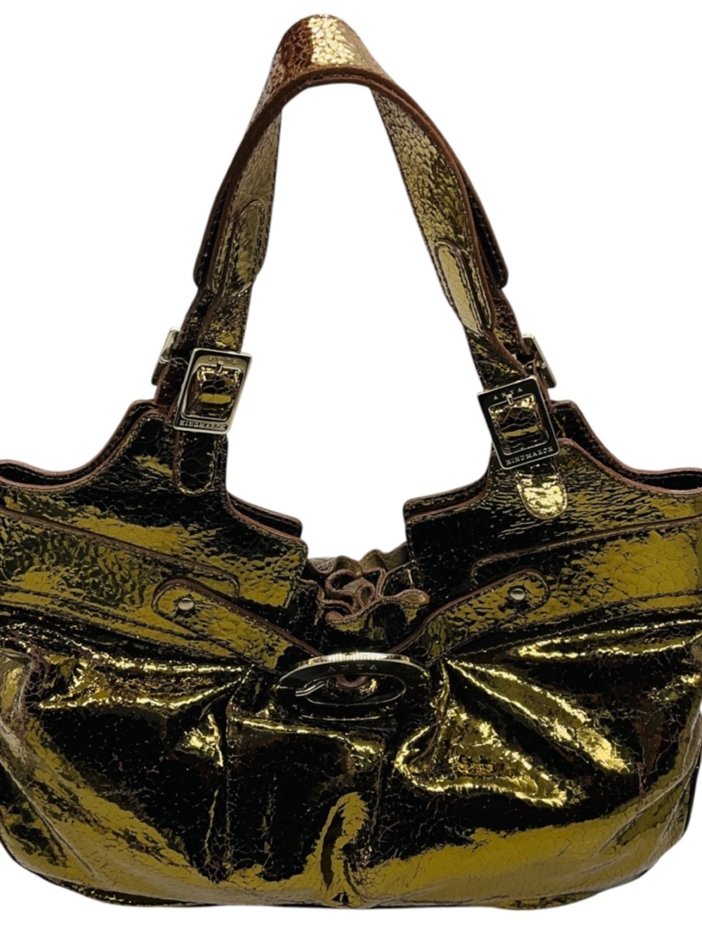 ANYA HINDMARCH GOLD METALLIC CRACKLED LEATHER SHOULDER BAG